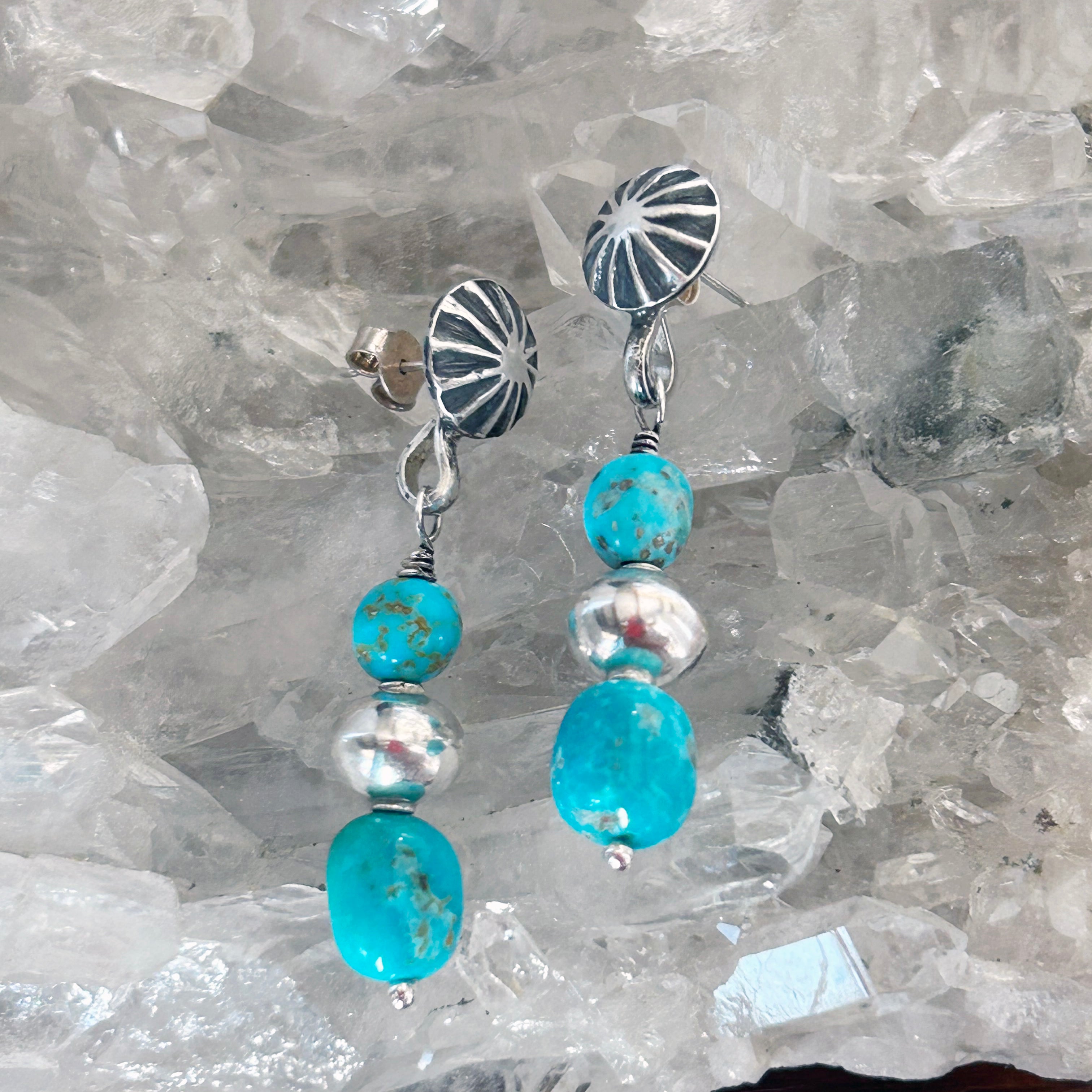 AAA Blue Sonoran Rose Turquoise Earrings 2 Stone Sterling Sunburst Posts