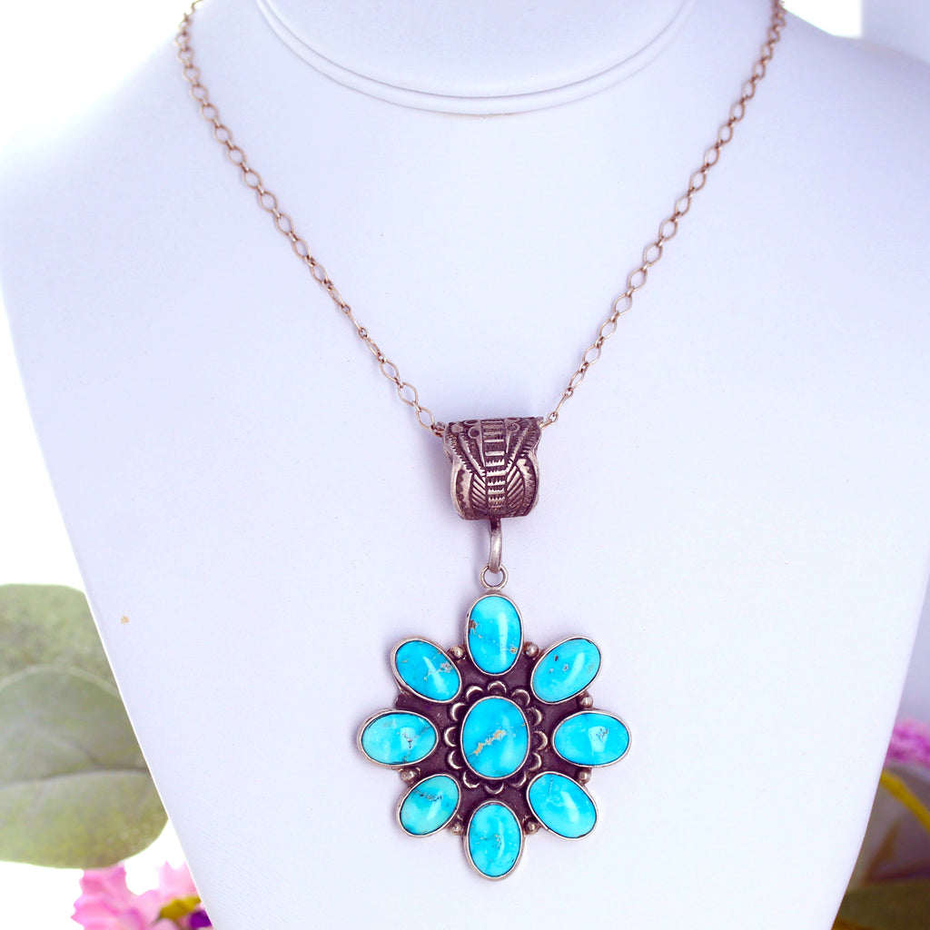 Bright Blue Ridge Nevada Turquoise Pendant Sterling Silver 9 Stone Gorgeous