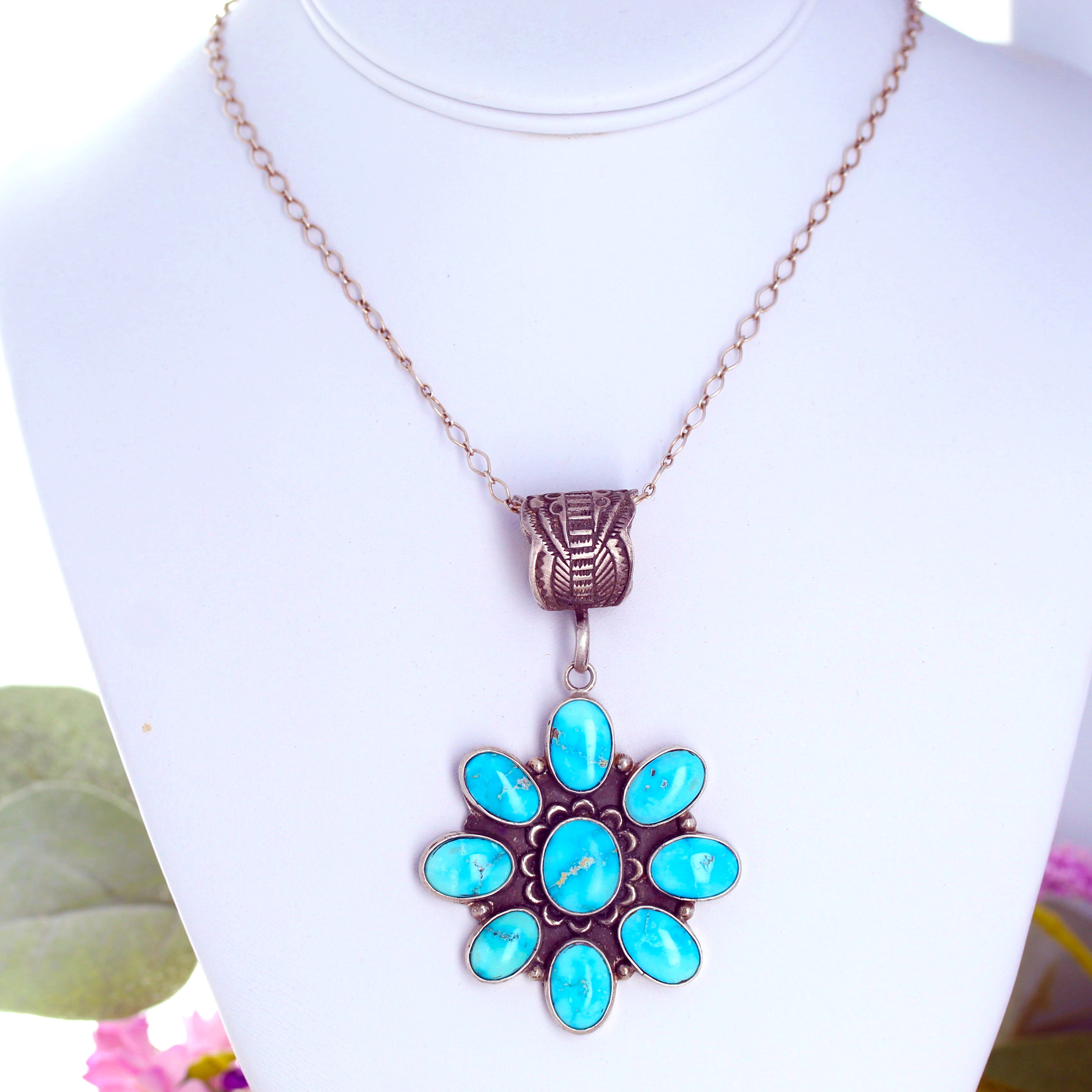 Bright Blue Ridge Nevada Turquoise Pendant Sterling Silver 9 Stone Gorgeous