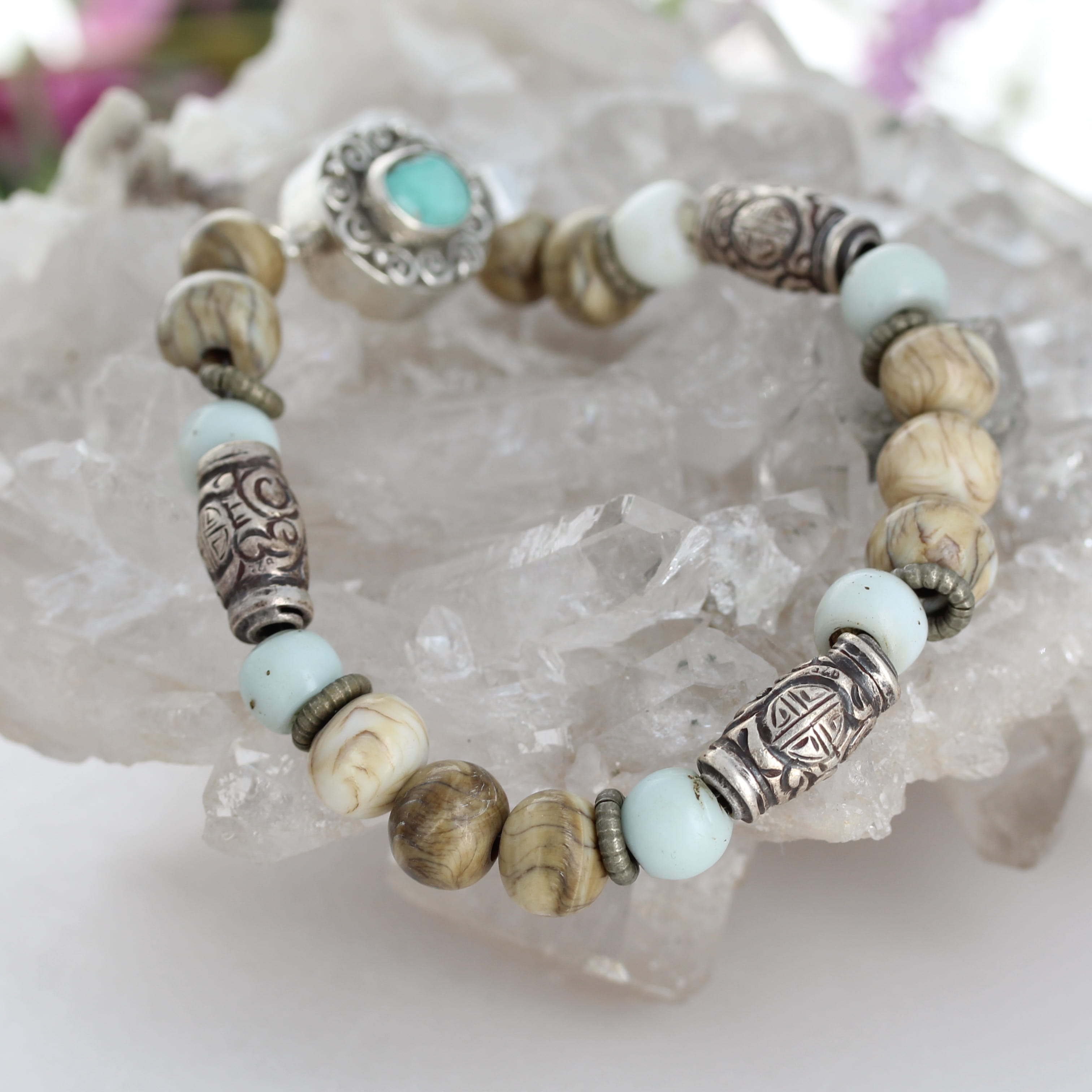 Vintage Tibetan Naga Shell Bracelet Sterling Silver