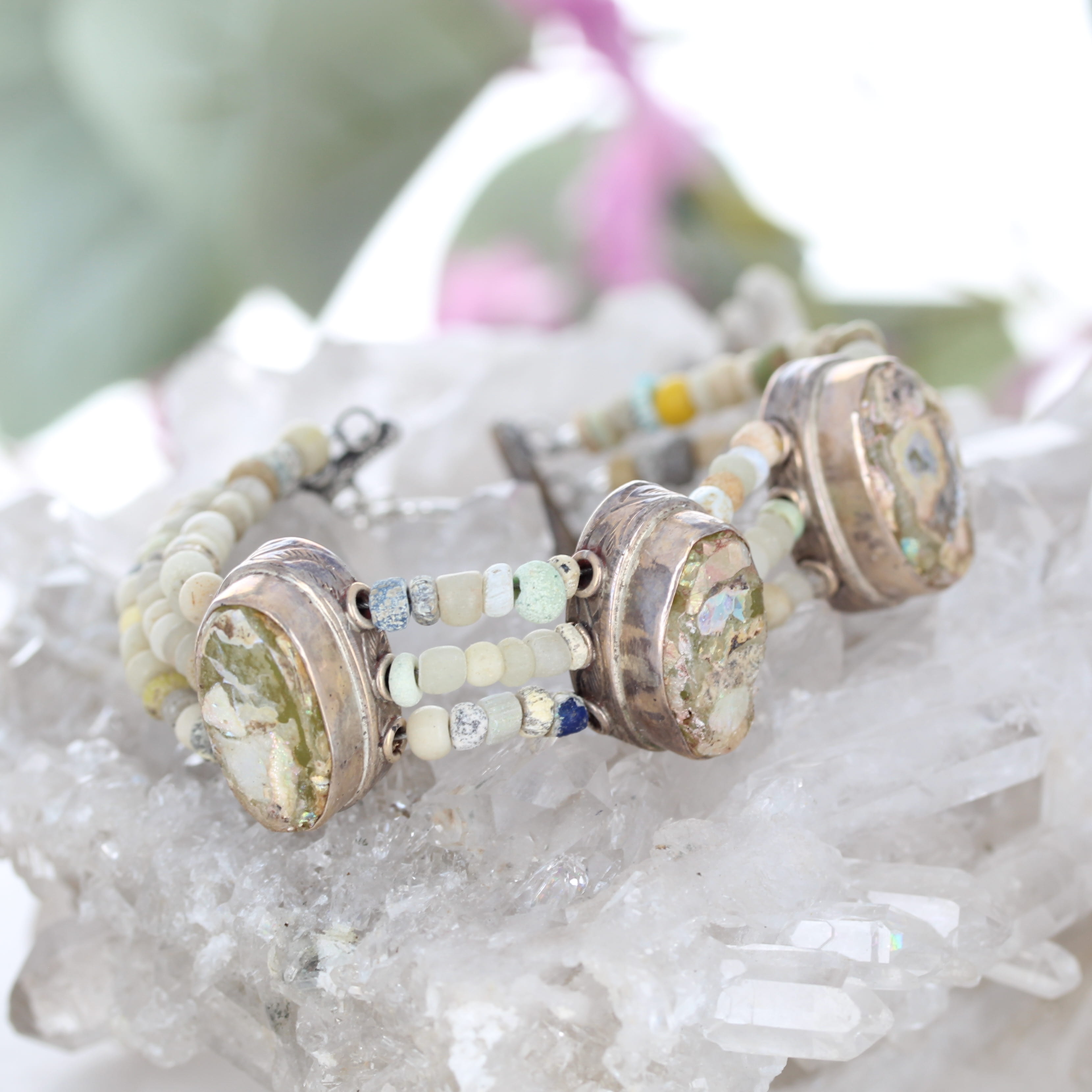 Antique Roman Glass Bracelet 3 Strand Beauty Sterling Silver