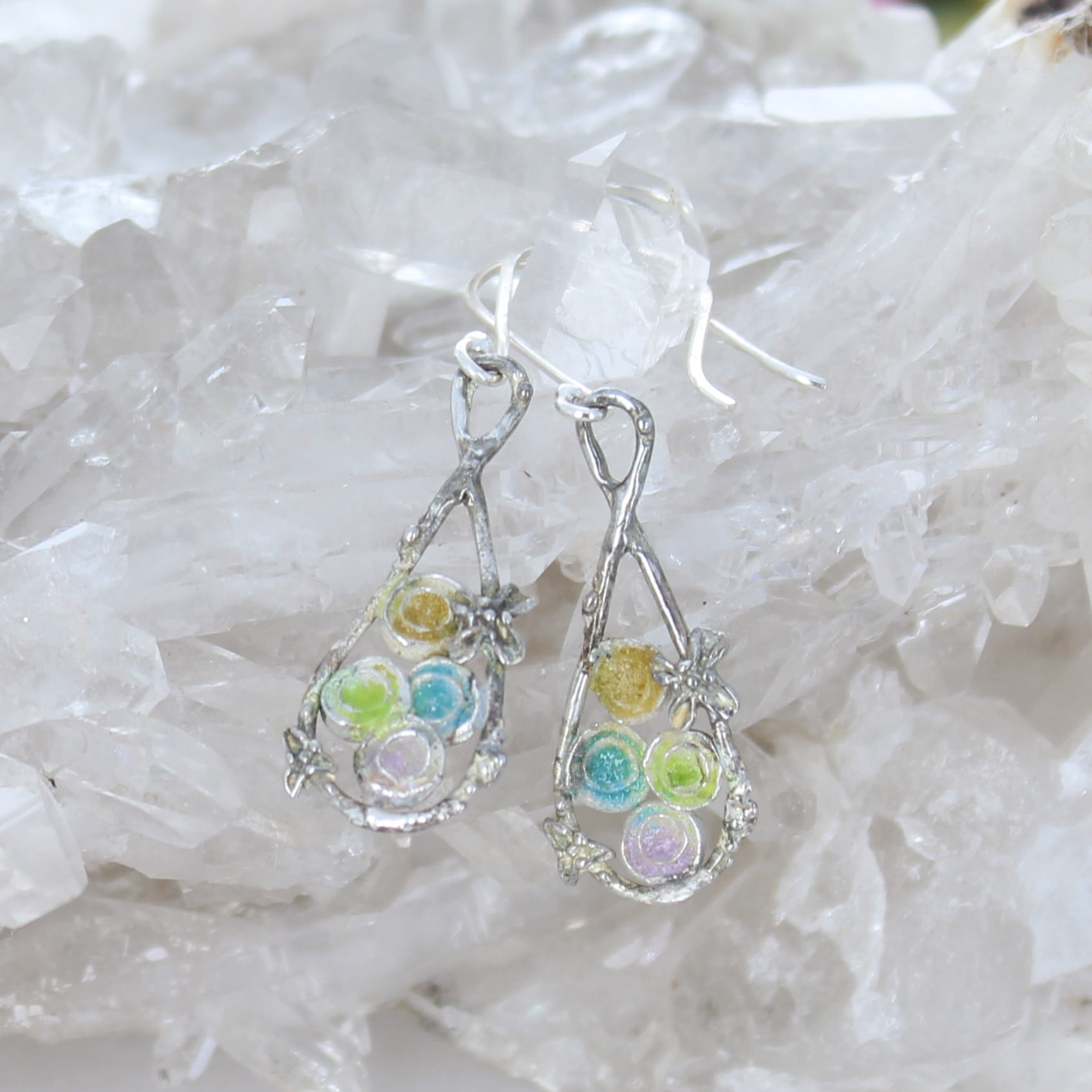 Colorful Enameled Earrings Sterling Silver Fairies Boho Chic