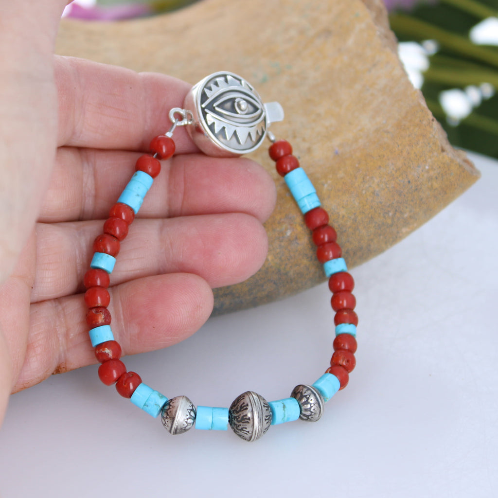 Sleeping Beauty TURQUOISE BRACELET Coral Sterling Protective Eye