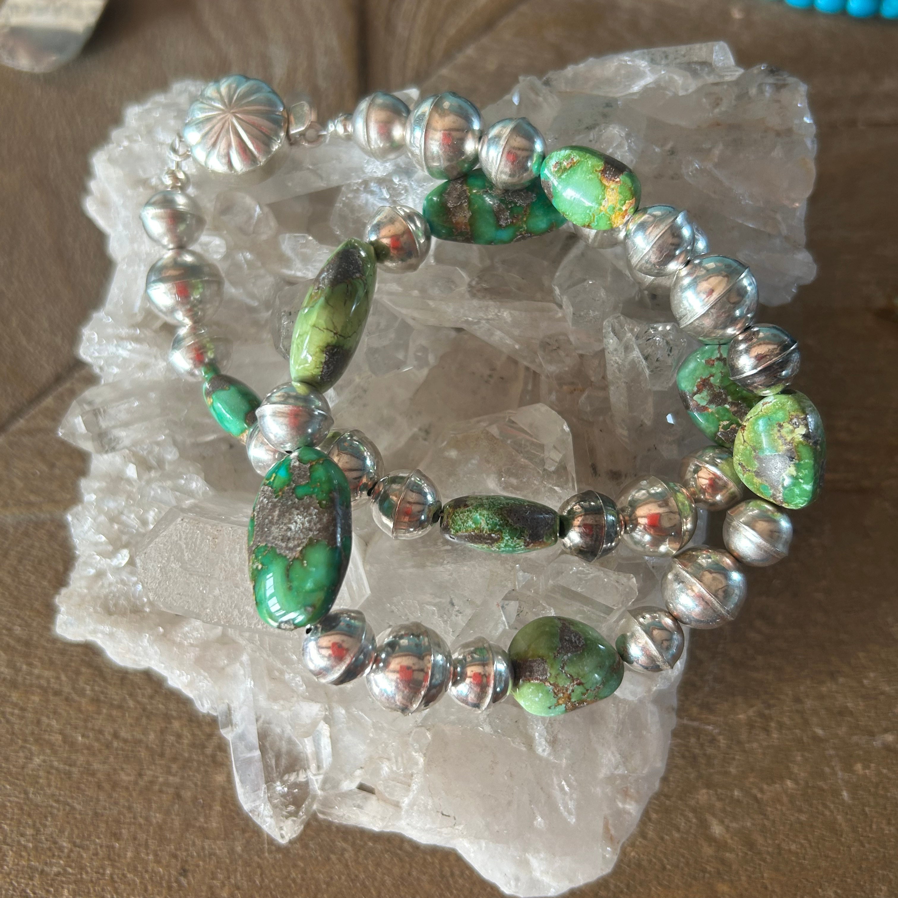 Vibrant Green and Blue Sonoran Gold Turquoise Necklace Navajo Benchmade Sterling Beads