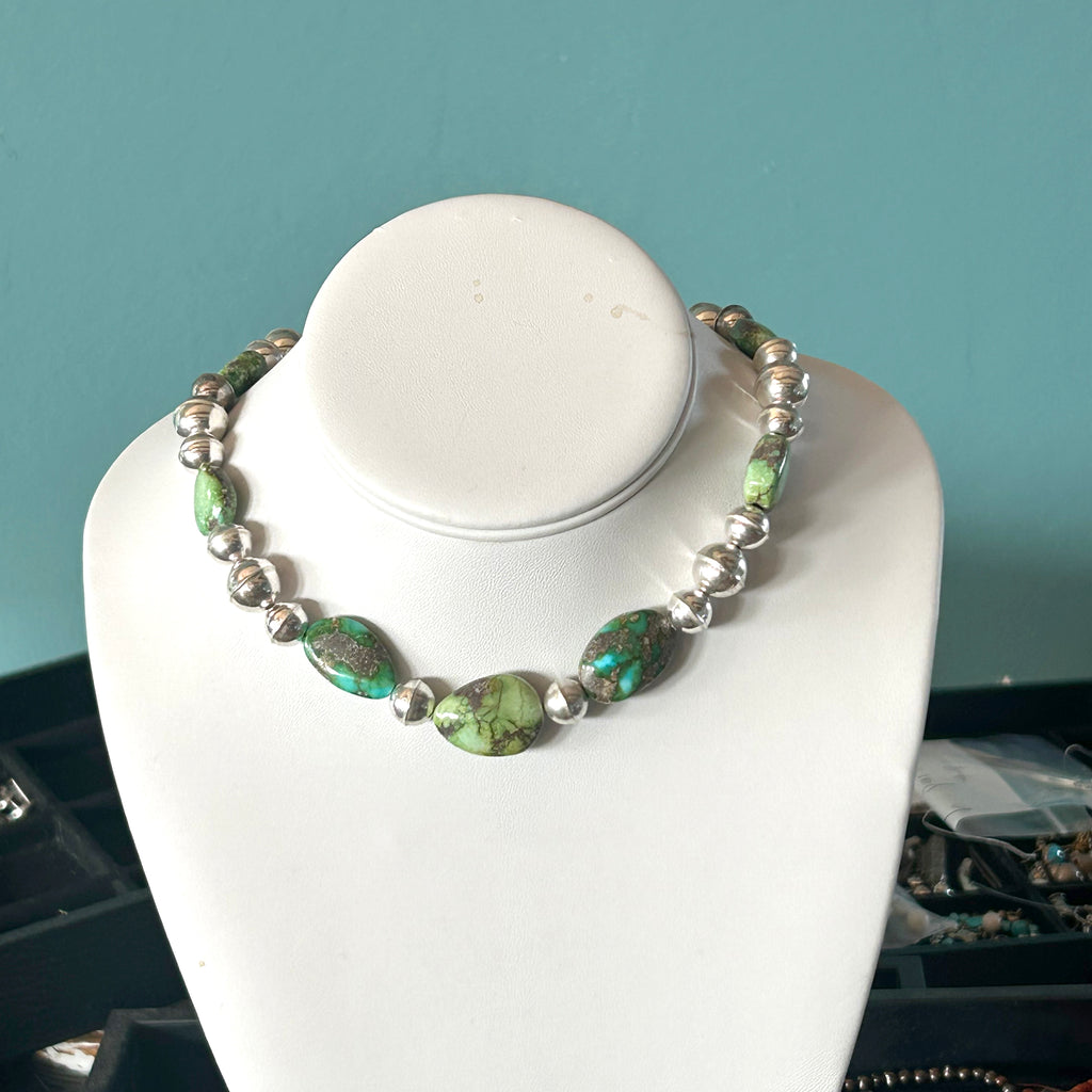 Vibrant Green and Blue Sonoran Gold Turquoise Necklace Navajo Benchmade Sterling Beads