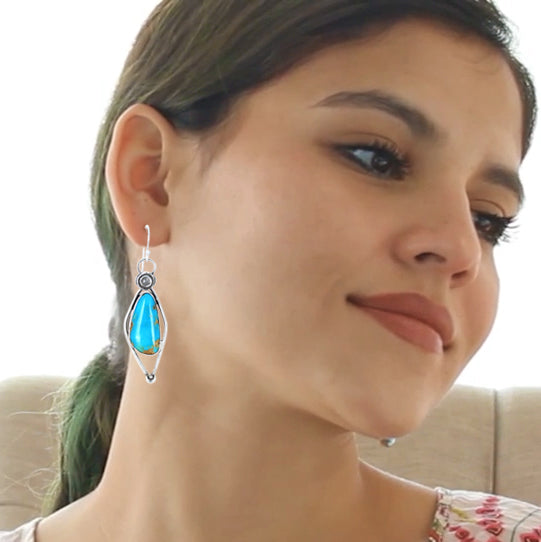 Bright Blue Kingman Turquoise Sterling Silver Goddess Earrings