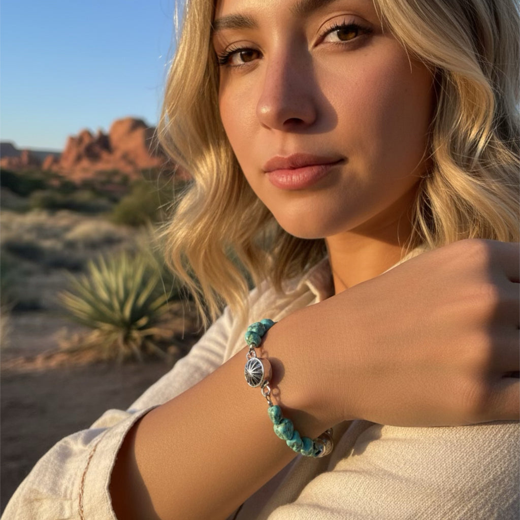 Sky Blue Green Sonoran Gold Turquoise Bracelet Bench Made Sterling Silver Beads