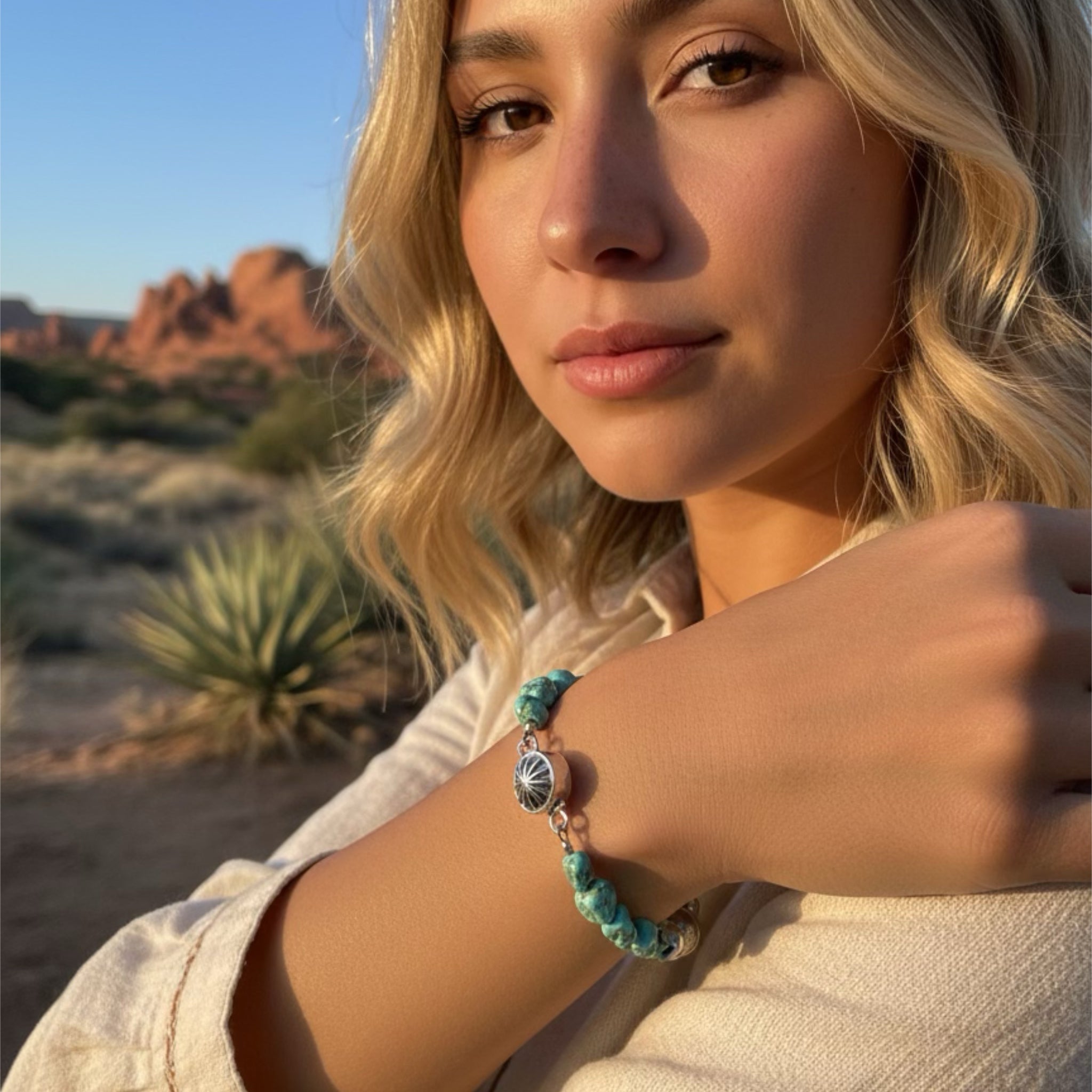 Sky Blue Green Sonoran Gold Turquoise Bracelet Bench Made Sterling Silver Beads
