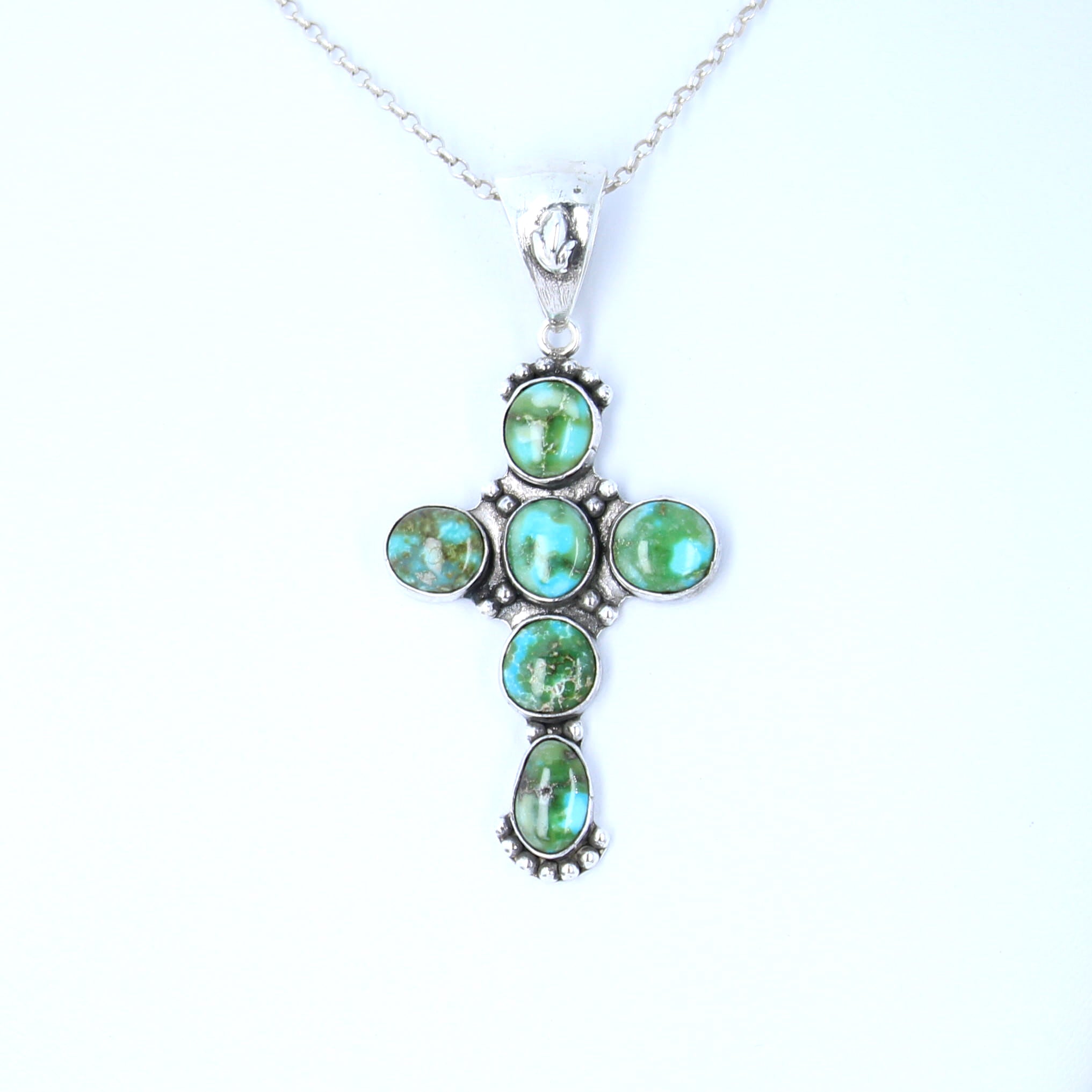 Sonoran Mountain Blue Green Turquoise Cross Pendant Sterling Silver Santa Fe