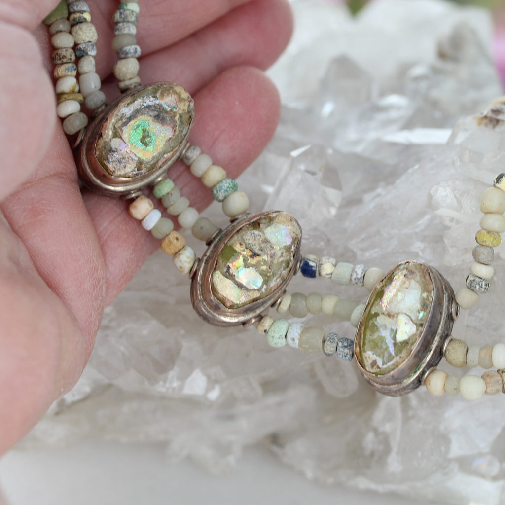 Antique Roman Glass Bracelet 3 Strand Beauty Sterling Silver