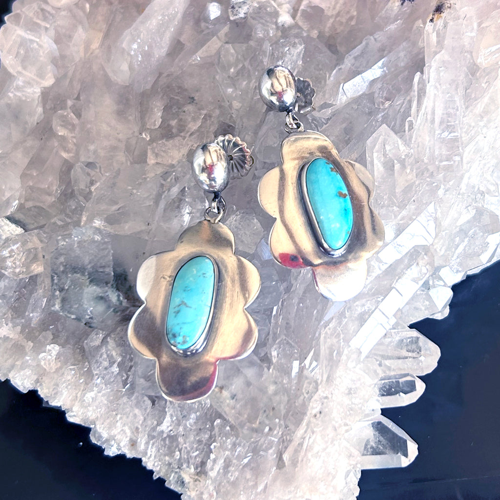 Blue Moon Turquoise Flower Design Earrings Sterling