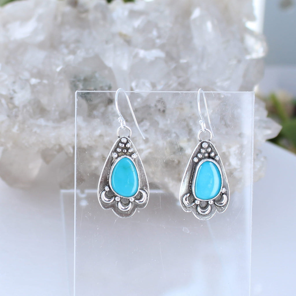Beautiful Sky Blue Kingman Turquoise Earrings Teardrops with Moon Design