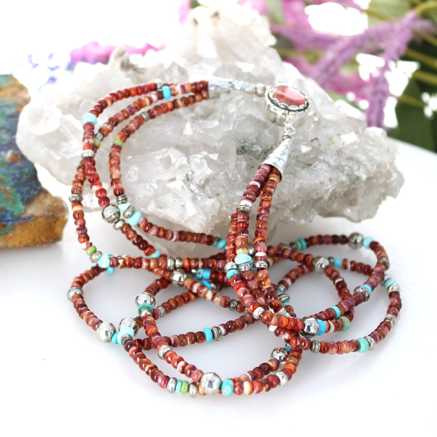 Red P{urple Spiny Oyster Turquoise Southwestern Necklace 3 Strand