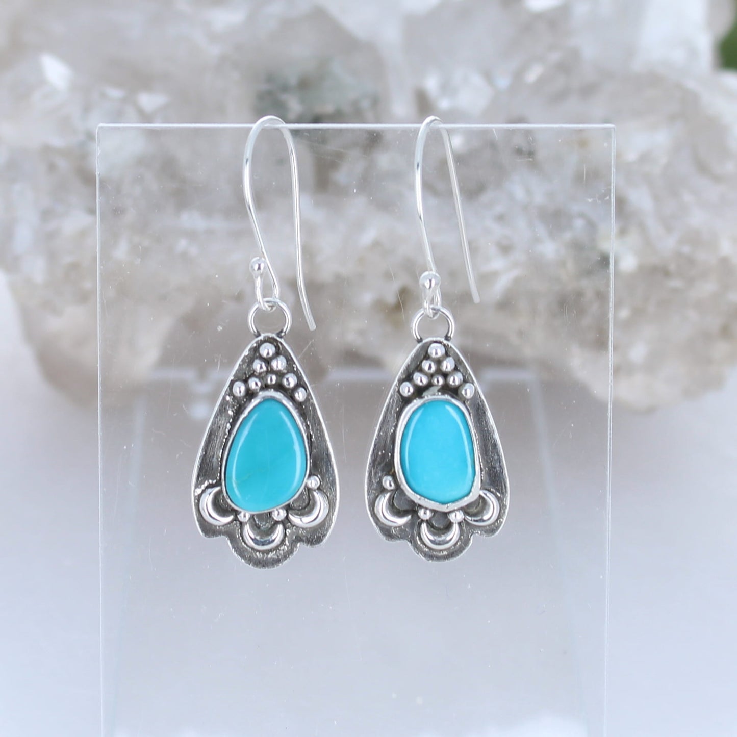 Blue Sonoran Rose Turquoise Earrings Sterling Moon Teardrops