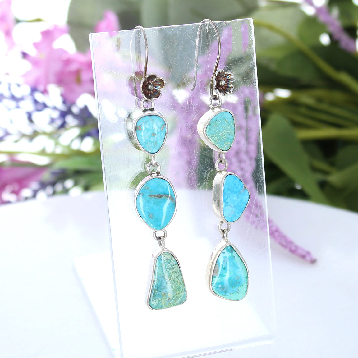 Stunning Sonoran Turquoise Southwest Earrings Sterling 3 Stone