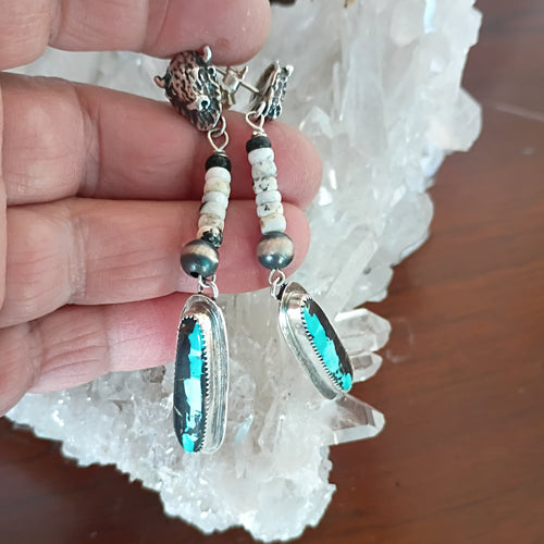 AAA Black Jack and White Buffalo Turquoise Earrings Buffalo Head Sterling