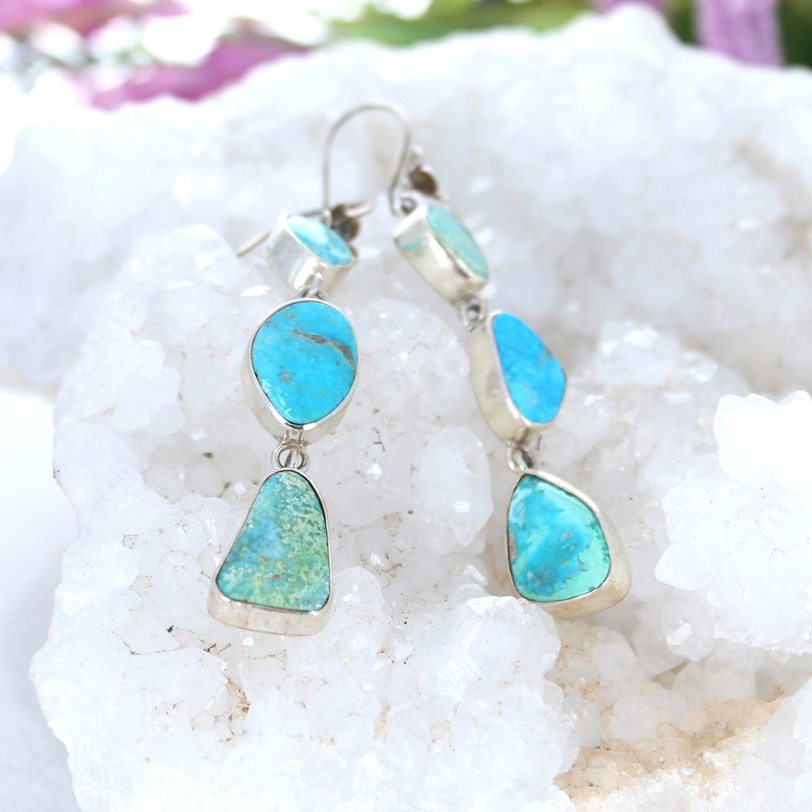 Stunning Sonoran Turquoise Southwest Earrings Sterling 3 Stone