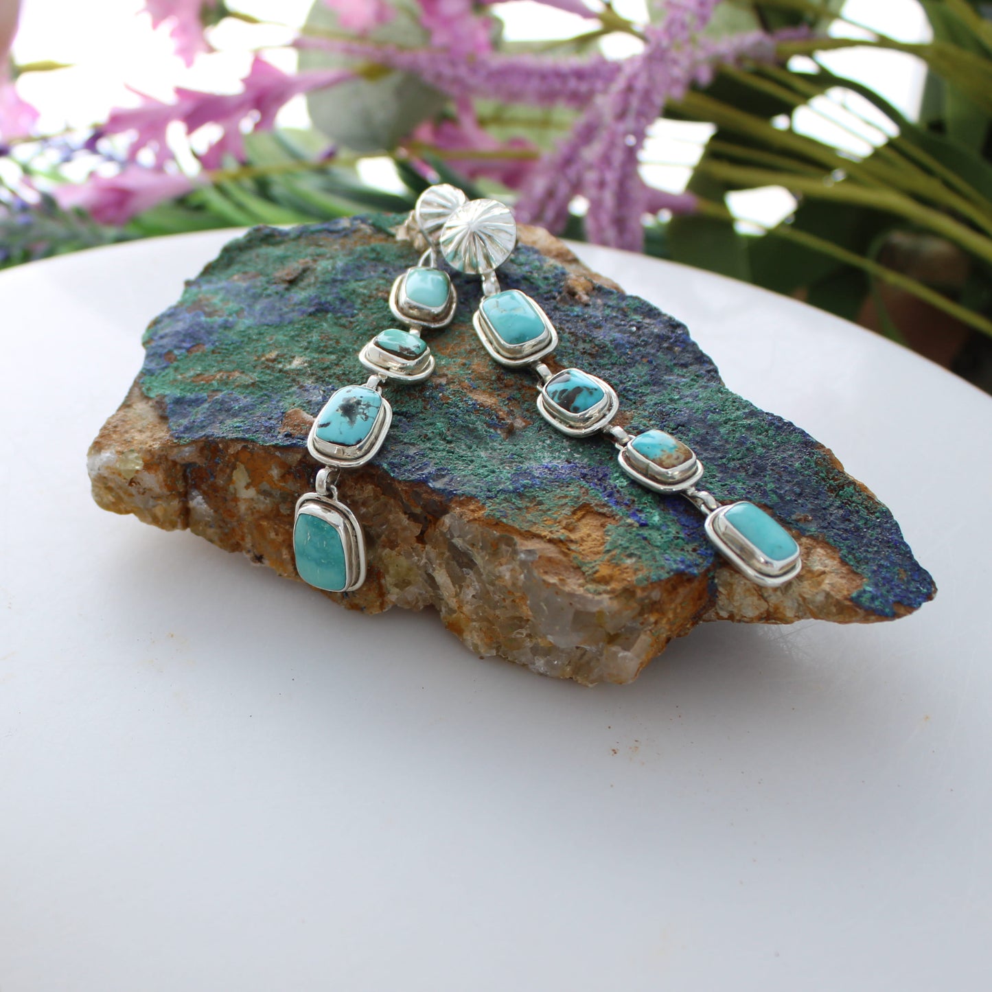 Sweeping CARICO LAKE Turquoise Earrings 4 Stone Sterling 3.75"