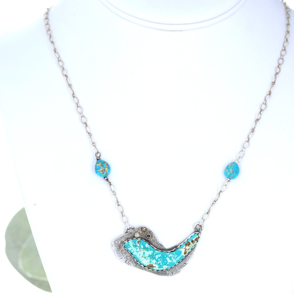 BLUE MOON Turquoise Bird Pendant Sterling and 18K Gold 18"
