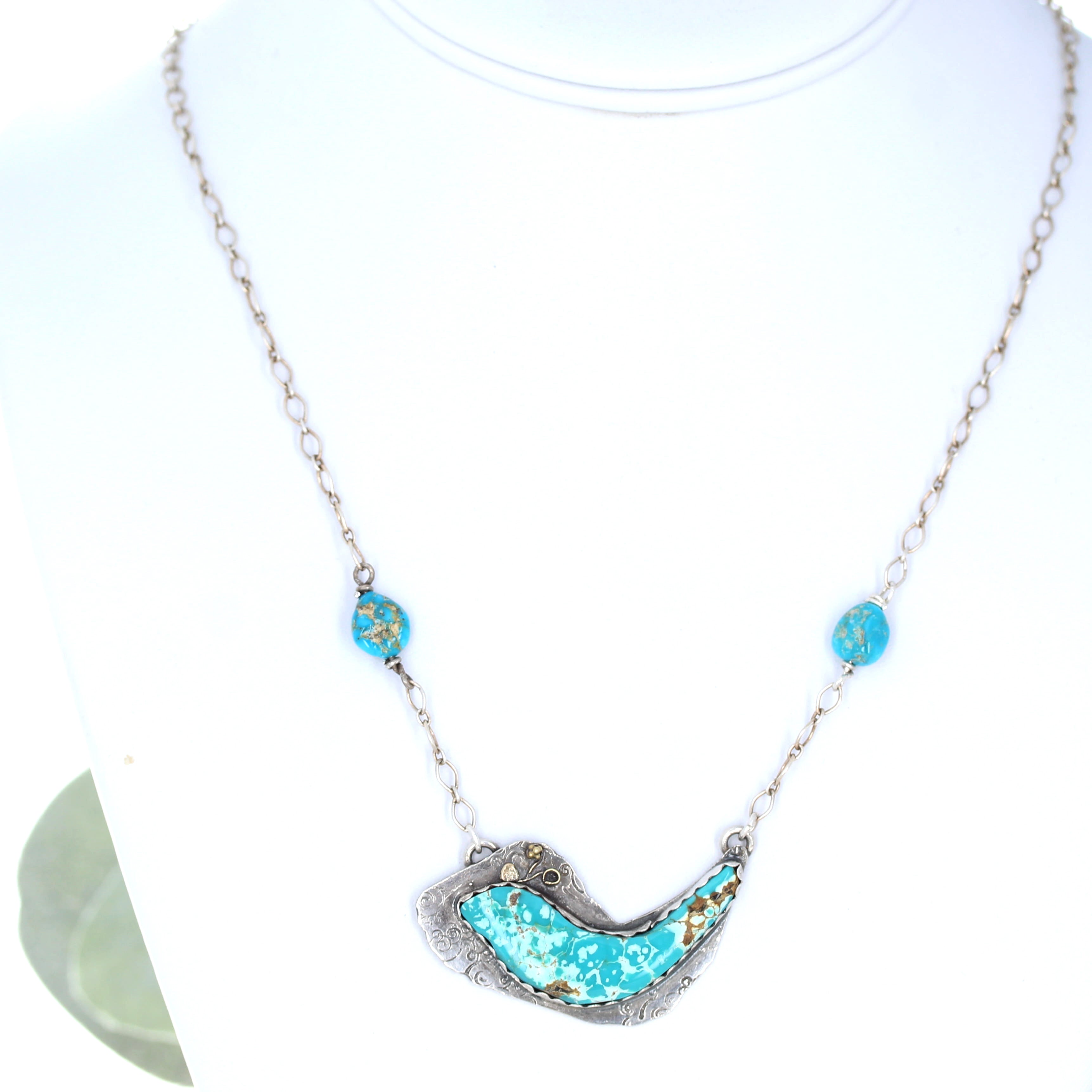BLUE MOON Turquoise Bird Pendant Sterling and 18K Gold 18"