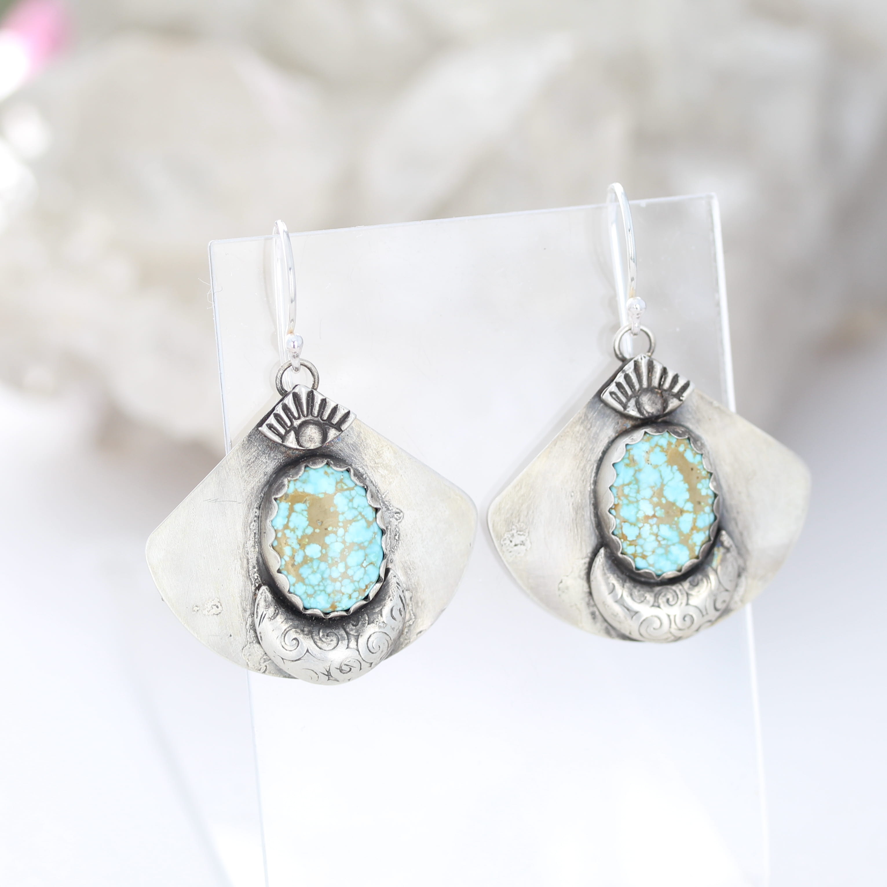 Baby Blue Kazakhstan Turquoise Fan Earrings Sterling Silver Protective Eye