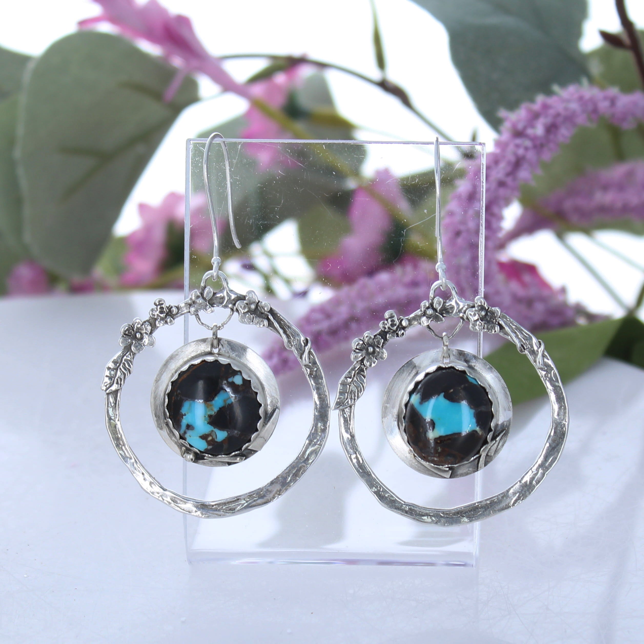 Stunning Boho Floral Blue Moon Turquoise Earrings 2.5"