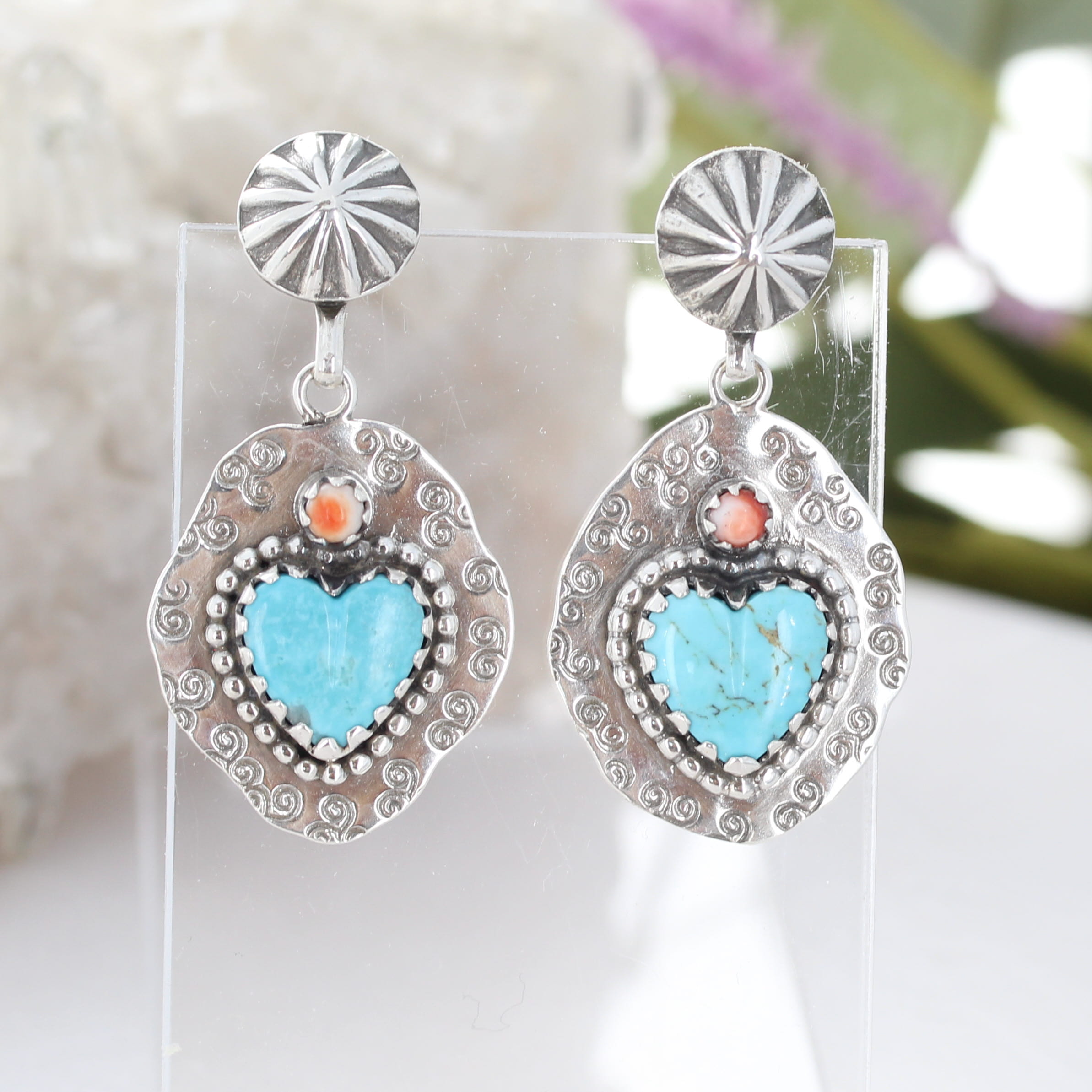 Kingman Turquoise and Spiny Oyster Hearts Cowgirl Earrings Bright Sky Blue