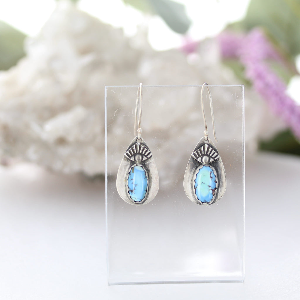 Kazkhastan Turquoise Earrings Sterling Silver Teardrops Protective Eye