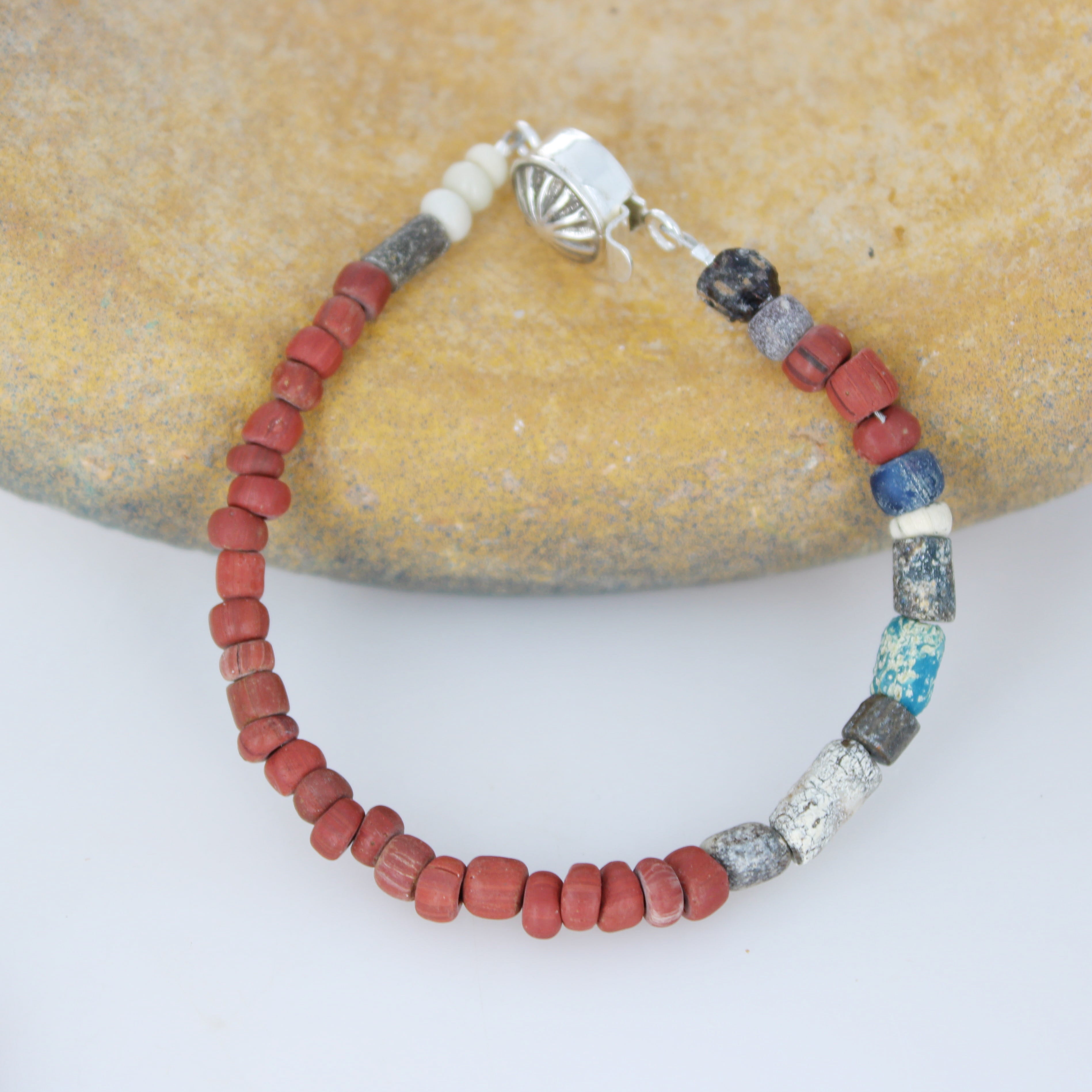 Antique Red Brown Roman Glass and Turquoise Bracelet Men or Woman