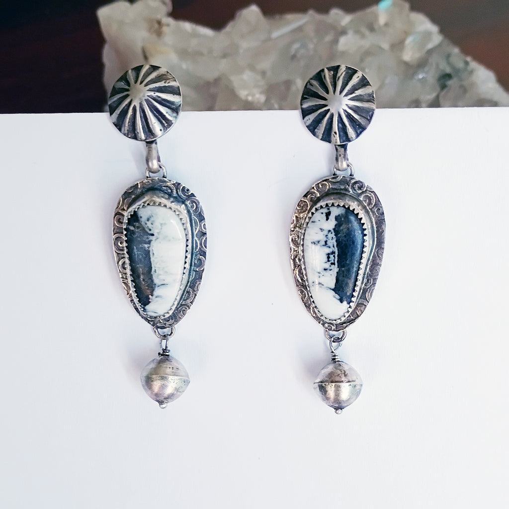 AAA WHITE BUFFALO Turquoise and Navajo Pearl Earrings Sterling 2"