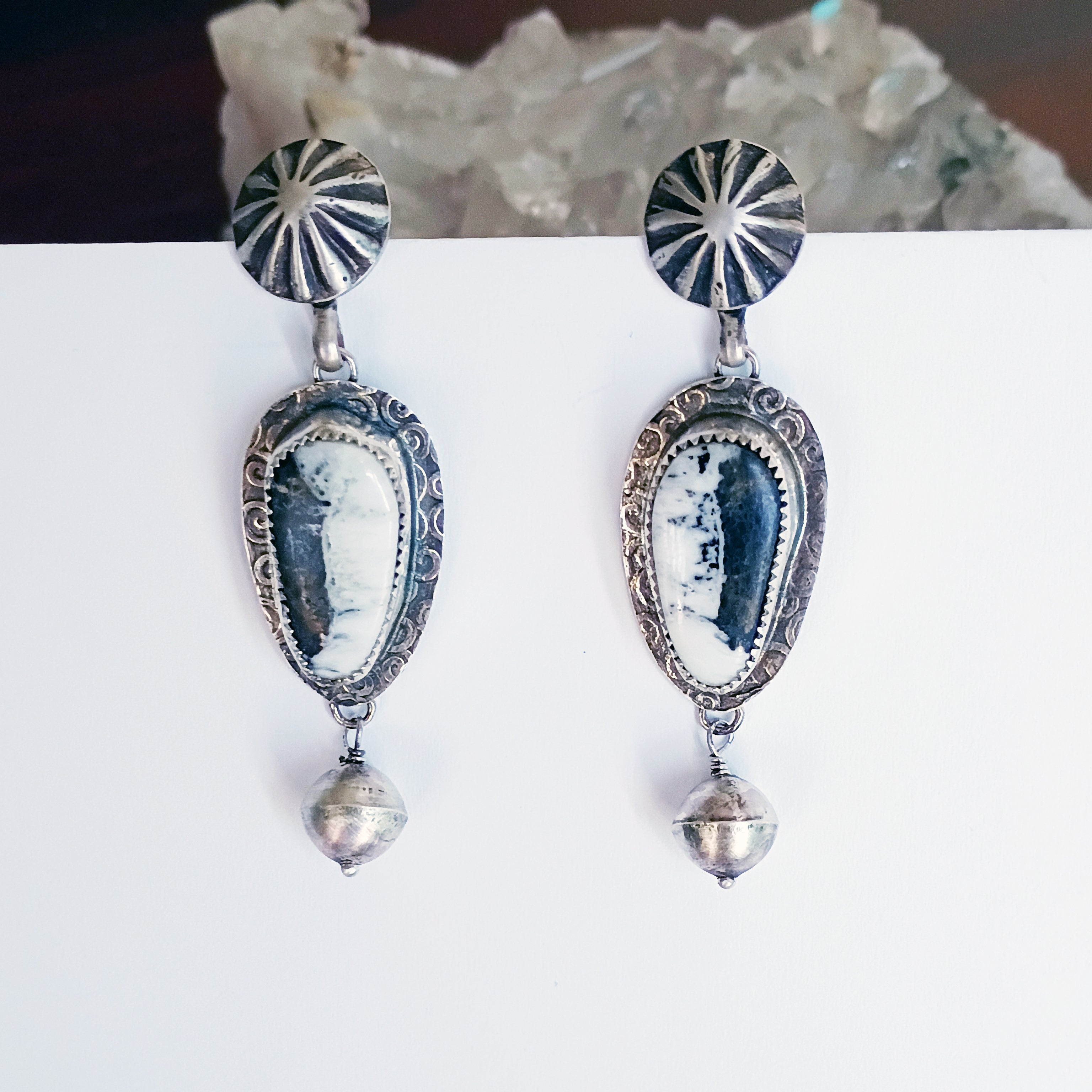 AAA WHITE BUFFALO Turquoise and Navajo Pearl Earrings Sterling 2"