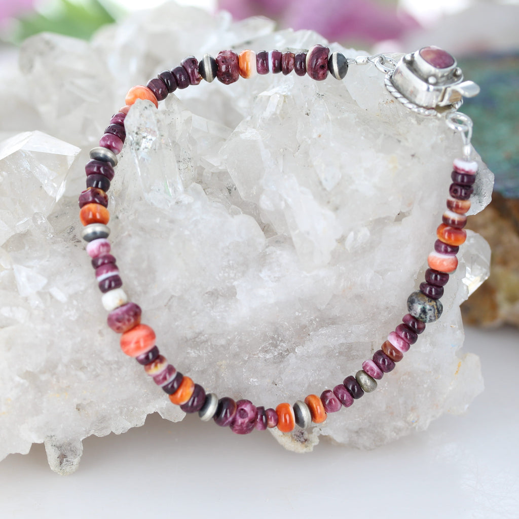 Multi Color Red Purple Bracelet Spiny Oyster 7 and White Buffalo Turquoise