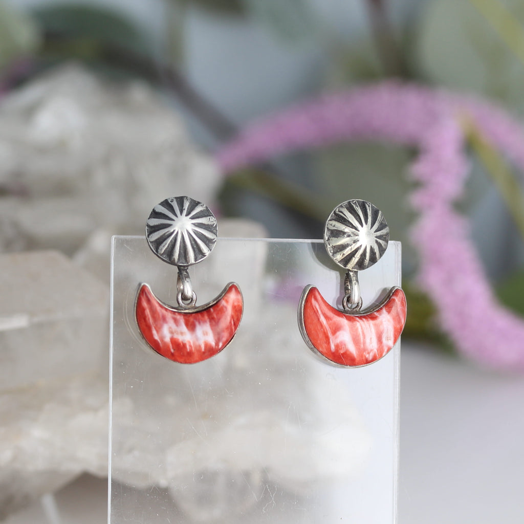 Red Spiny Oyster Moon Earrings With Sterling Silver Sunburst Posts Southwestern
