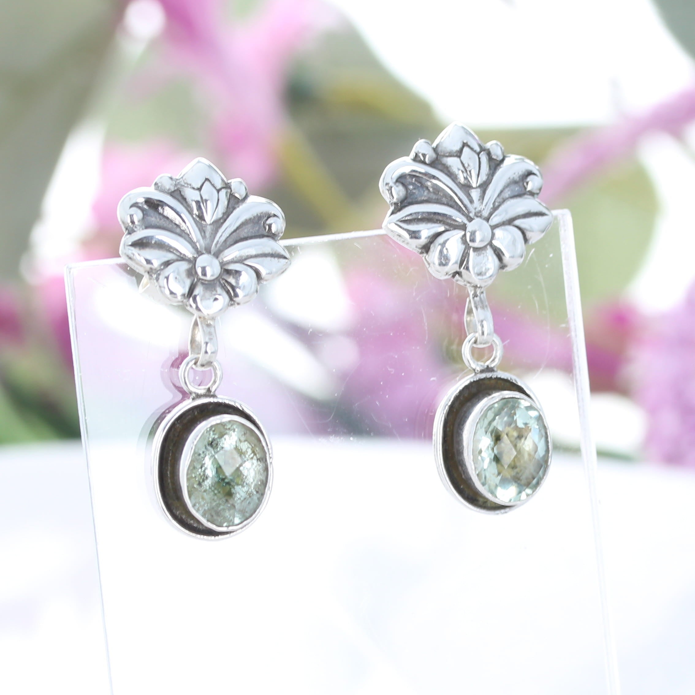 Faceted Green Amethyst Floral Sterling Silver Earrings