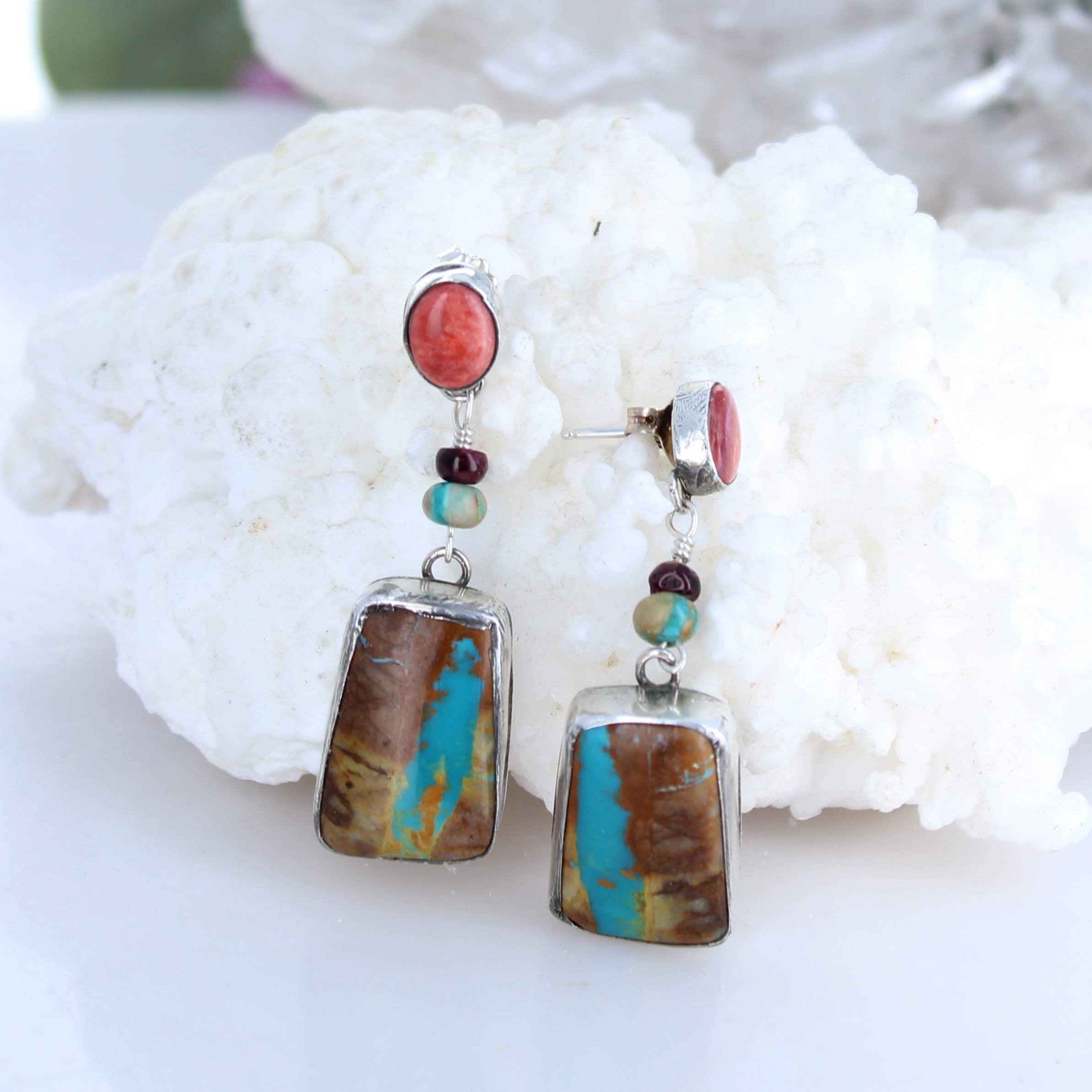 Dramatic Royston Turquoise Red Orange Spiny Oyster Earrings Southwest