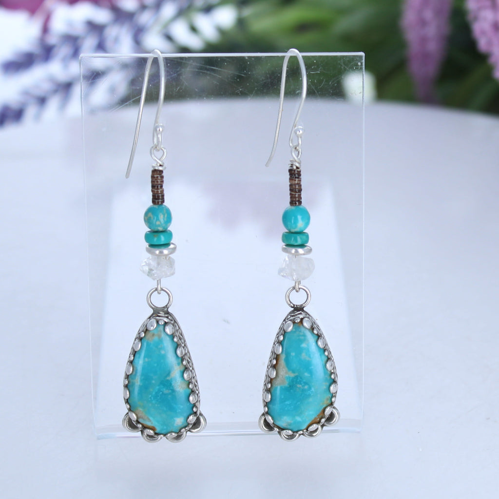 Royston Turquoise Earrings Moons with Sparkling Herkimer Diamonds Sterling