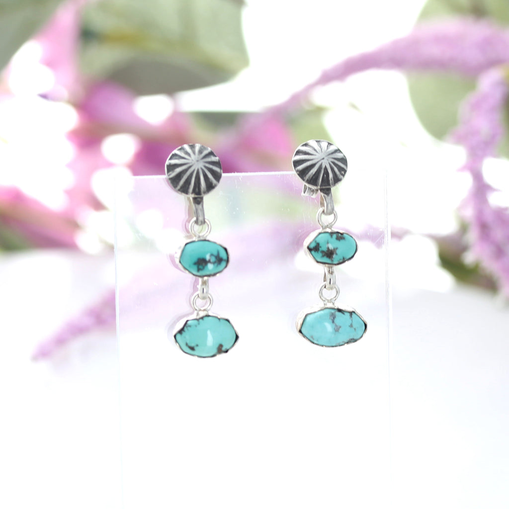 Vintage Godber Mine Turquoise Earrings Sterling Silver 2 Stone