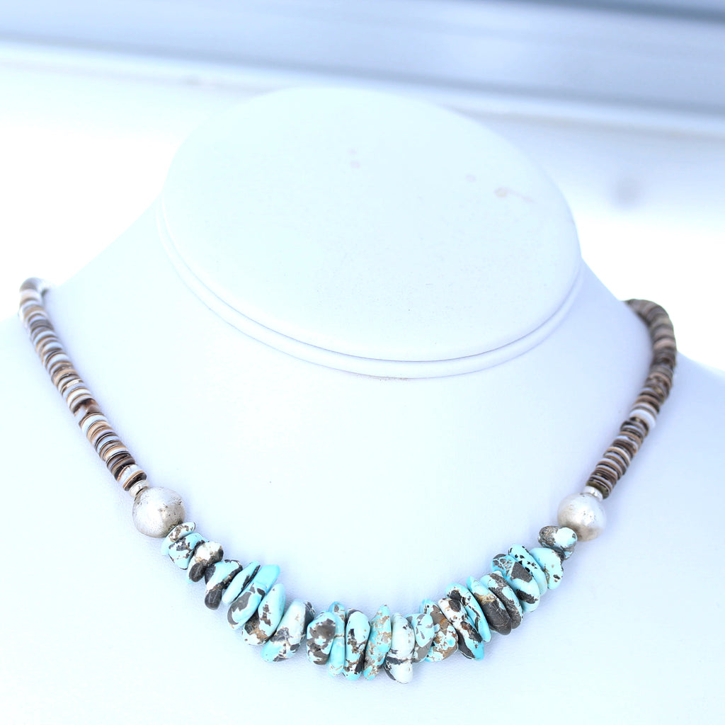 Lone Mountain Turquoise Necklace with Shell Heshi Sterling