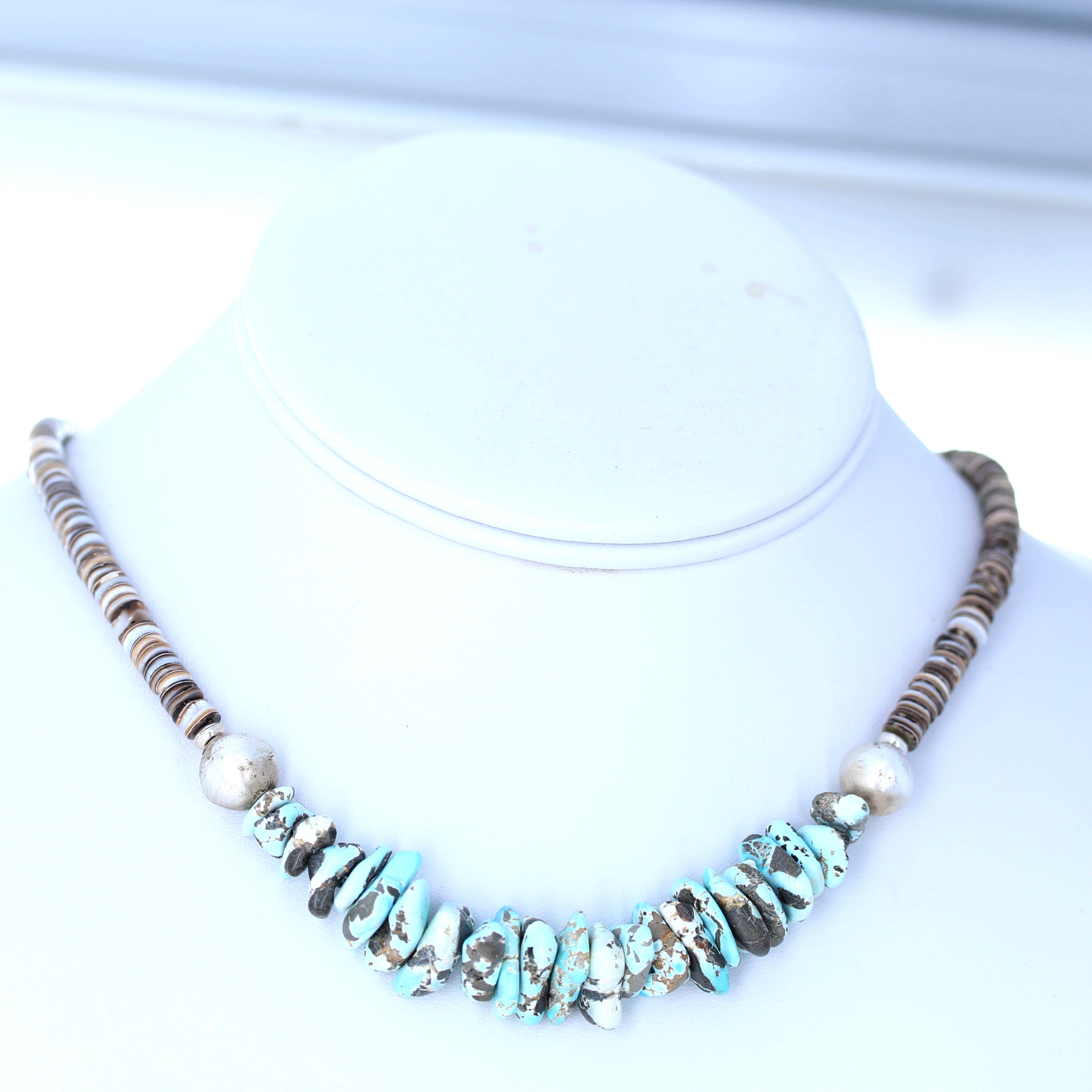 Lone Mountain Turquoise Necklace with Shell Heshi Sterling