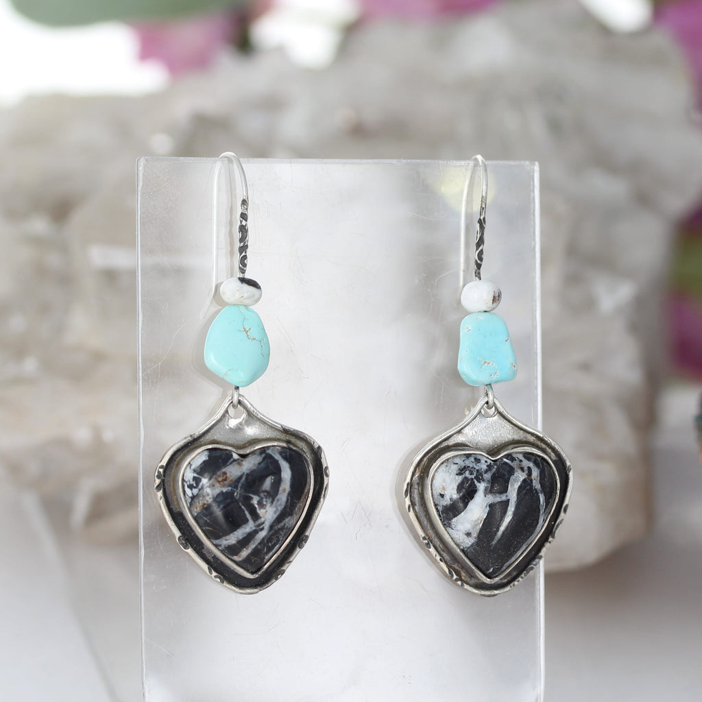 Hearts Lone Mountain and White Buffalo Turquoise Earrings Sterling