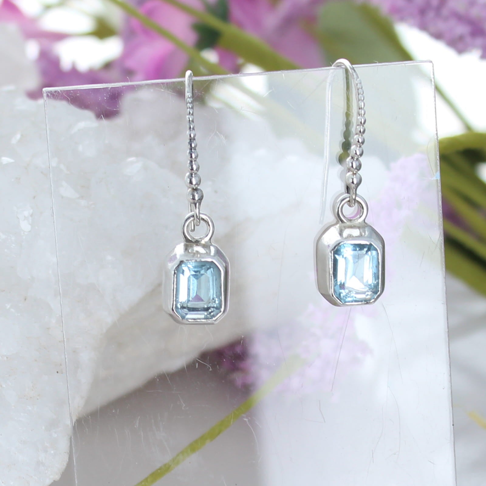 BLUE TOPAZ EARRINGS Faceted Cushion Shaped Sterling silver -NewWorldGems