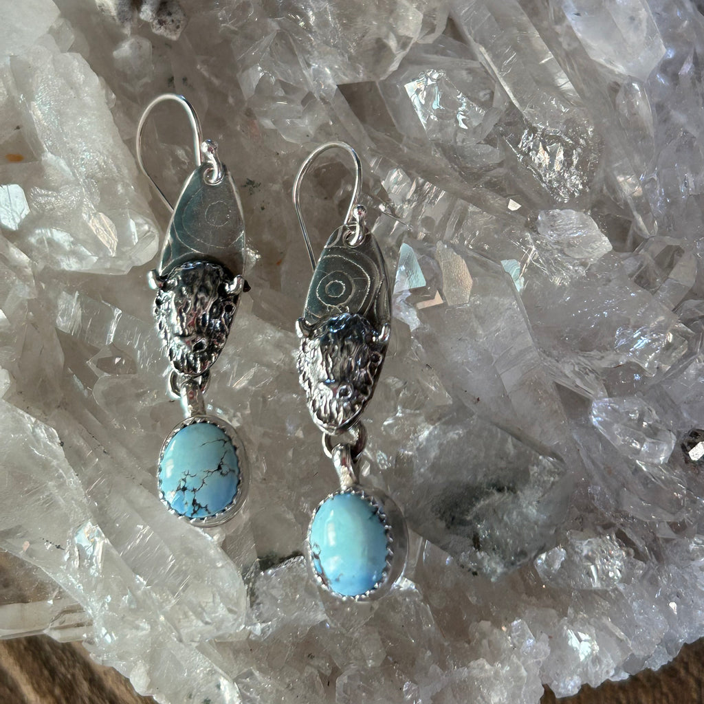 Golden Hills KAZAKHSTAN TURQUOISE Buffalo Head Earrings Sterling