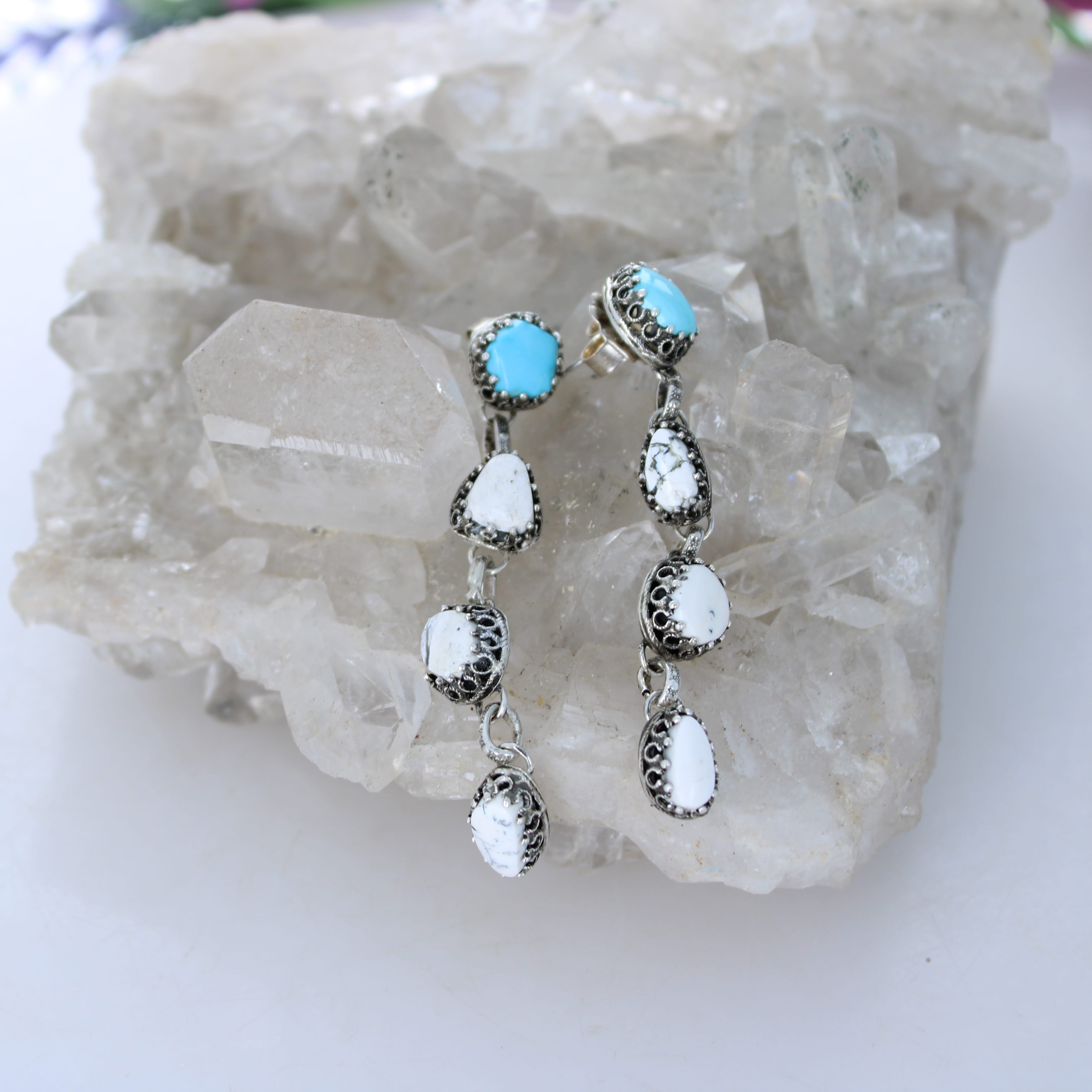 AAA Nevada LONE MOUNTAIN White Buffalo TURQUOISE Earrings 4 Stone Sterling