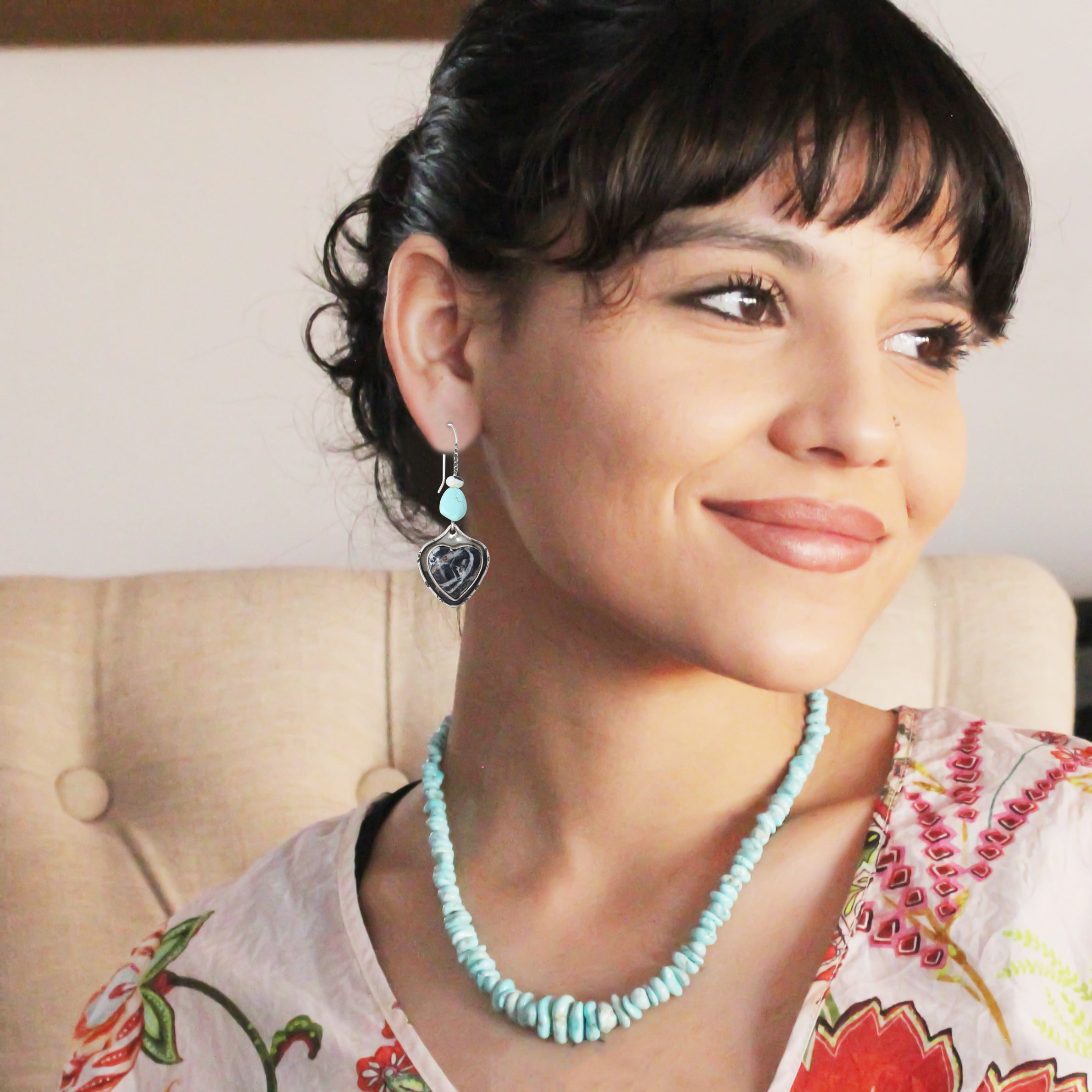 Hearts Lone Mountain and White Buffalo Turquoise Earrings Sterling