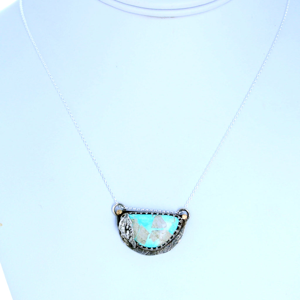 Royston Turquoise Moon Pendant Decorative 18K Gold and Sterling Necklace