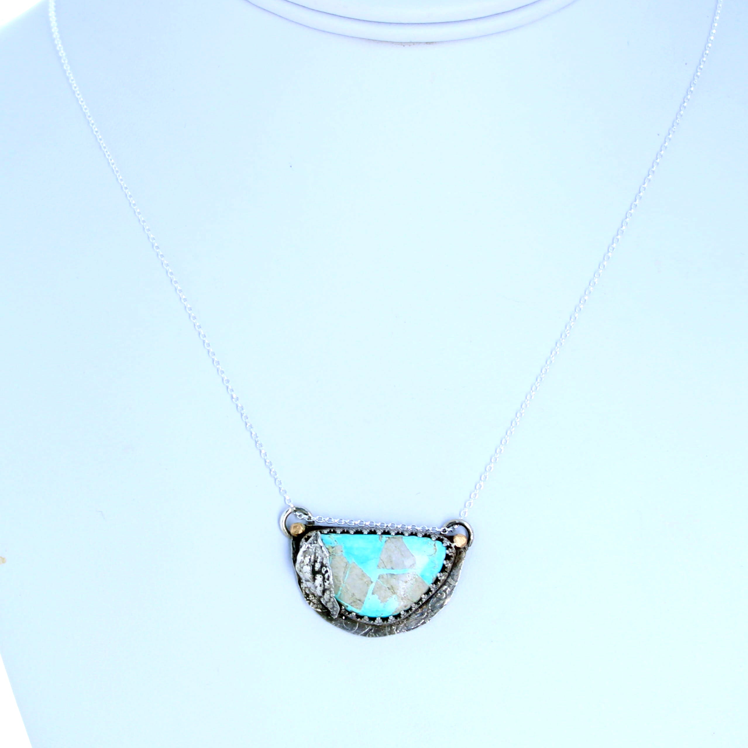 Royston Turquoise Moon Pendant Decorative 18K Gold and Sterling Necklace