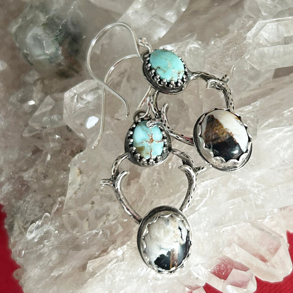 White Buffalo and Dry Creek Turquoise Earrings Sterling Silver Deer with Antlers