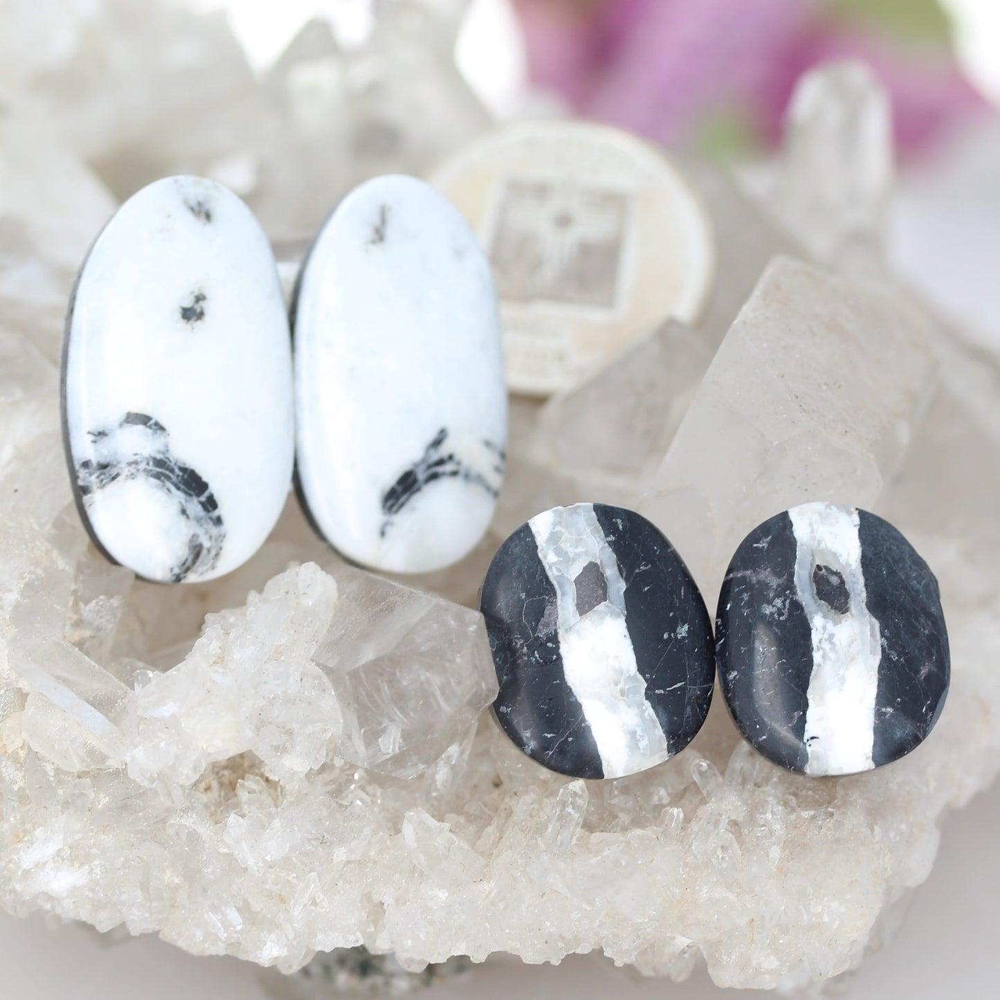 Rare White Buffalo Turquoise Cabochon Components 2 PAIR
