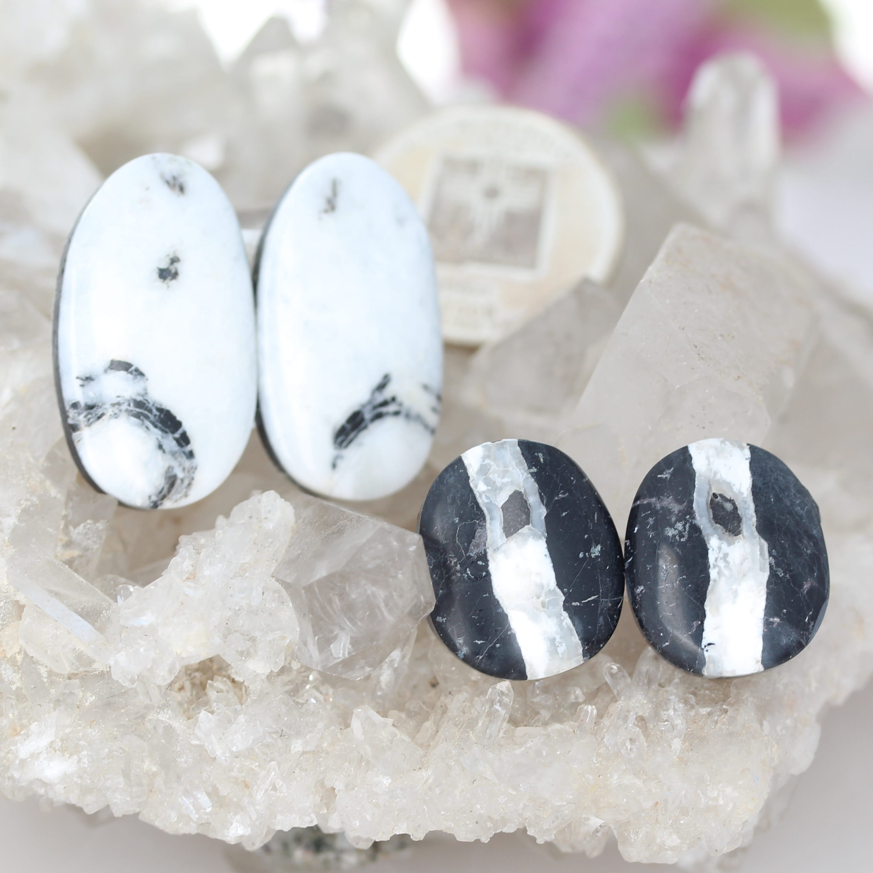 Rare White Buffalo Turquoise Cabochon Components 2 PAIR