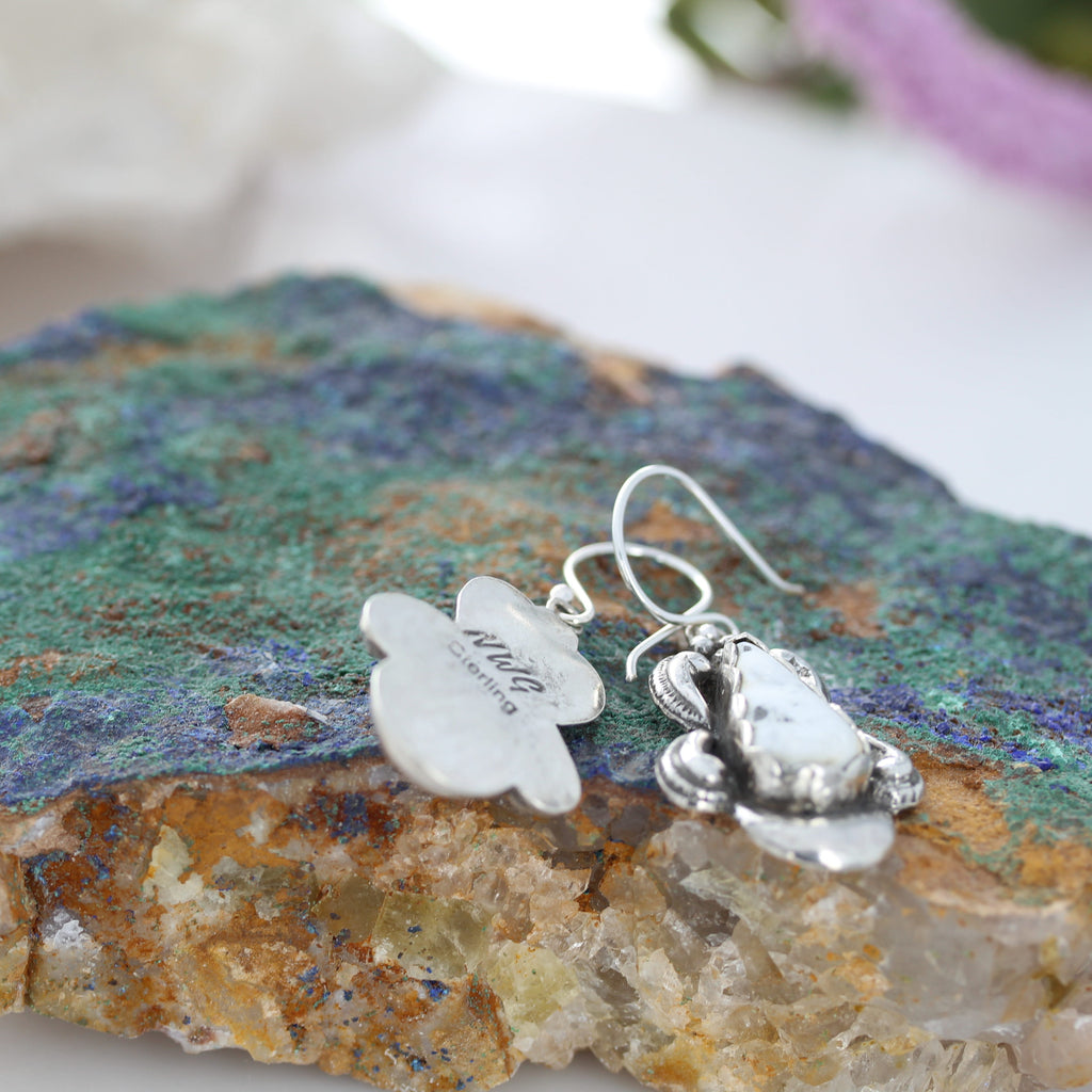 Many Moons White Buffalo Turquoise Earrings Sterling Silver Southwestern Elegance NewWorldGems